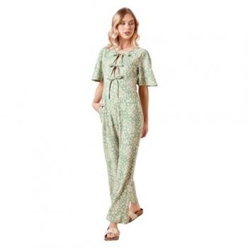Women's Green Ditsy Bow Tie Front Angel Sleeve Jumpsuit (Jersey) – 14