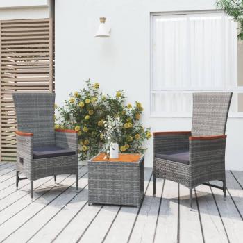 Set da Giardino 3pz Grigio in Polyrattan e Legno Massello