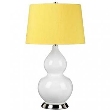 Licht-Erlebnisse Retro Tischleuchte Keramik Stoff E27 64 cm hoch Weiß Gelb Nickel poliert