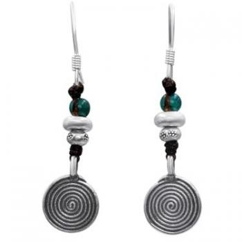 Hill Tribe Silver Turquoise Disc Earrings with Spiral Beads