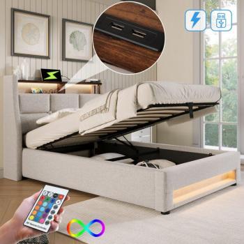 Letto matrimoniale 90x200 cm con ingresso USB, display LED, rivestito di lino beige (senza materasso)