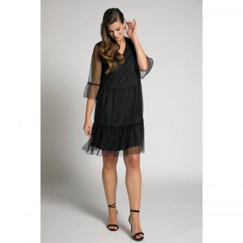 Abito midi a pois con scollo a V e orlo arricciato, Donna, Nero, Taglia: 52/54, Poliestere