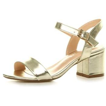 Women's Metallic Gold Mid-Block Heel Sandals, Ankle Strap & Buckle