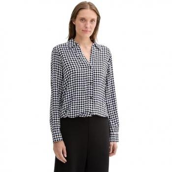 TOM TAILOR Damen Kurzarmbluse mit Kordelzug, schwarz gemustert, Größe 40