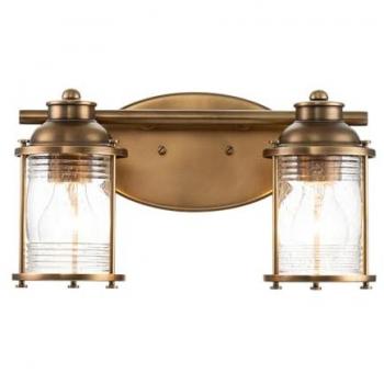 LICHT-ERLEBNISSE Badlampe Metall Glas 36,2 cm breit IP44 in Messing E27 2-flammig länglich Vintage