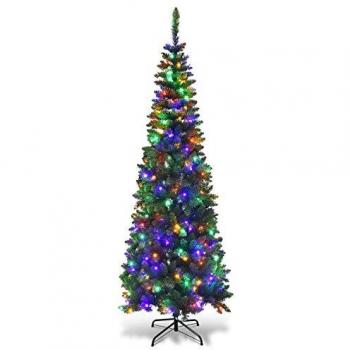 Pre-Lit 8ft Slim Multicolor Pencil Christmas Tree with Pointed Tips and Metal Stand