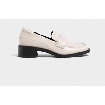Stradivarius Leather Ecru Penny Loafers