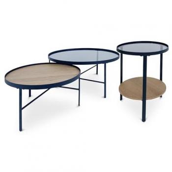 Collection de 3 tables basses rondes en bois et métal noir