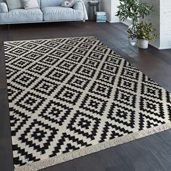 Frange Noire et Blanche – Tapis Tissé 120×170 cm