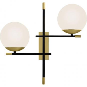 Applique Murale Moderne Maytoni Nostalgia à 2 lampes, Armature en Métal Noir et Doré, 2 Plafonniers en Verre Blanc, Style Art Déco, pour Chambre ou Bureau, 2 Ampou