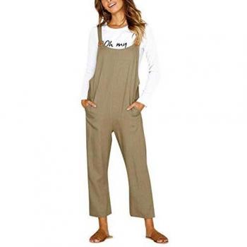 CNFIO Women Loose Fit Khaki Overall Jumpsuit with Pockets, Size XXL
