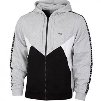 Lacoste Mens Color Block Lettered Fleece Zip Hoodie – Black / Grey / White – 34 Regular