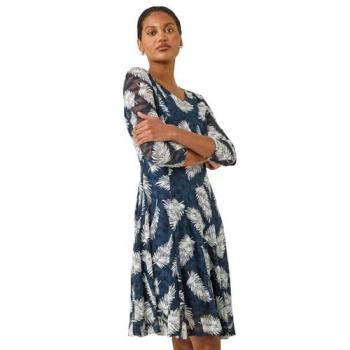 Roman Teal Leaf Patterned Lace Stretch Dress – 10
