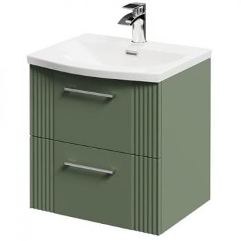 Satin Green Avant Wall Unit with Curved Basin, 1 Tap Hole & 2 Drawers | Polished Chrome Handles | 500mm