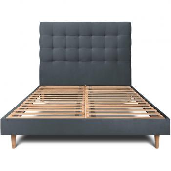 Lit 150 x 190 cm, gris anthracite, tête de lit capitonnée en velours, bois massif, montage facile, style scandinave