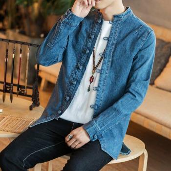 Denim Tunic Shirt with Chinese Collar for Men KK2979