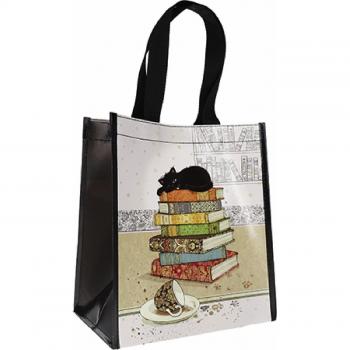 Bolsa de Rafia Reciclada con Gato Negro sobre Libros