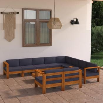 Set Divani Giardino 10 Posti con Cuscini Grigi Scuro in Legno di Acacia