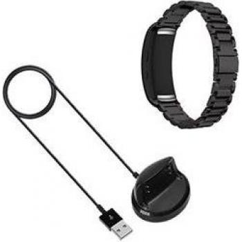 Kit de Accesorios Pulsera Acero Lux + Herramienta + Cargador USB para Samsung Gear Fit 2 Negro