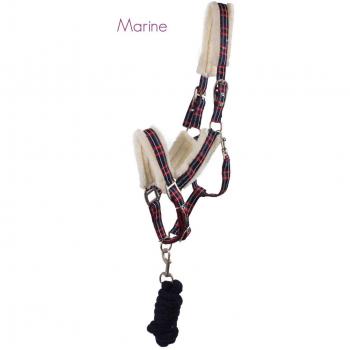 QHP Halfter-Set kariert mit Kunstfell Halfter + Strick Nylon mit Tasche (Vollblut, Marine)