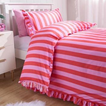 Stripe & Frill Double Duvet Cover Set (Pink-Red) – Luxury Bedding