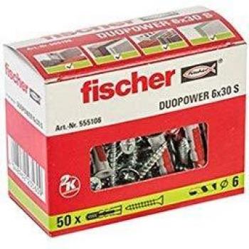 Fischer DUOPOWER Wall Plugs with Screws, Red/Gray, 6x30 mm, 50 Pieces