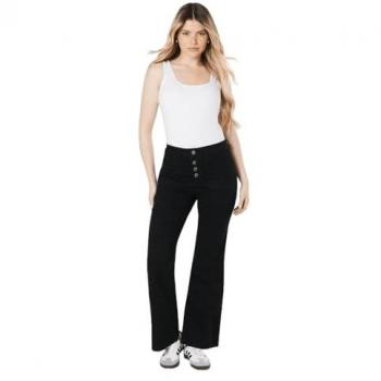 High Rise Black Flare Jeans with Button Detail and Patch Pockets
