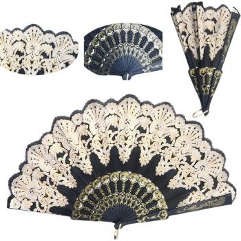 Schwarzer Handfächer im spanischen Stil mit floralen Spitzenmotiven