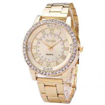 Reloj de pulsera de acero inoxidable con detalles en cristal para hombres (Dorado)