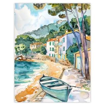 Costa Brava Harbor in Green – 24x32 Watercolor