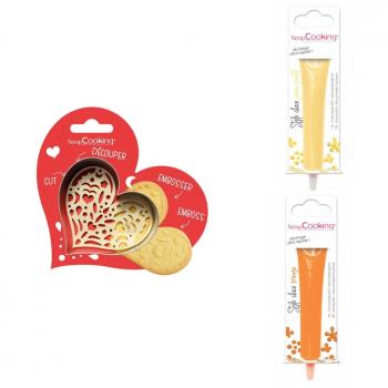 Ensemble pour biscuits en relief Coeur + 2 Stylos chocolat jaune pastel et orange Scrapcooking