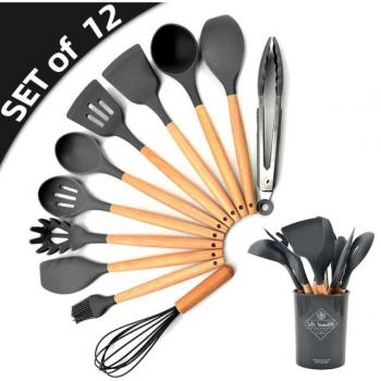 Silicone Cooking Utensils with Wooden Spoon Holder