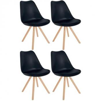 Juego de 4 Sillas Sofía con Base de Madera, Asiento en Polipiel Negro Natural