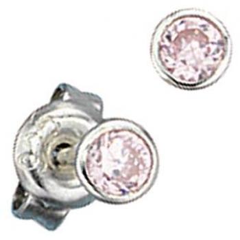 Runde Ohrstecker 925 Sterling Silber mit rhodiniertem Finish und 2 Zirkonia rosa
