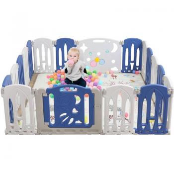Froadp Faltbarer Babyzaun mit Tür und Spielzeugspielbrett – 16+2 Paneele