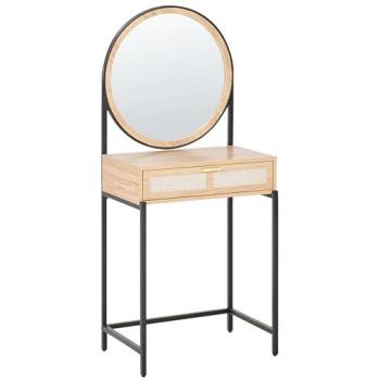 Cassiar Boho Dressing Table: Mirror, Drawer, Light Brown & Black Finish