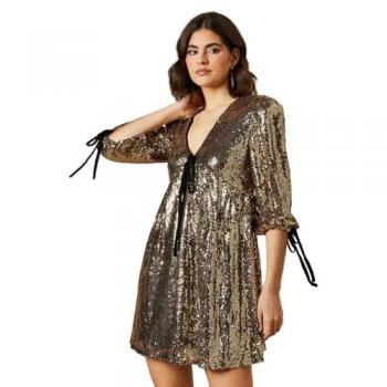 Oasis Sequin Puff Sleeve Mini Dress in Gold