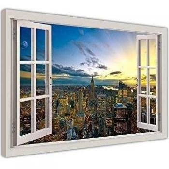 Ciudad de Nueva York Atardecer Rascacielos con 3D Efecto Ventana bahía Cuadros en Lienzo Modern Pared Arte Enmarcado Prints