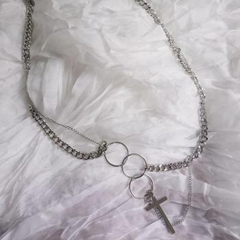 Hiphop Double Layer Metal Round Circle Chain Link Cross Pendant Necklace