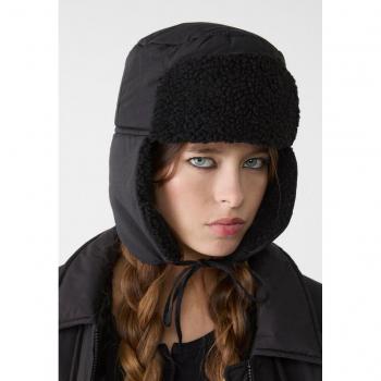 Stradivarius Drawstring Faux Shearling Hat Black OS