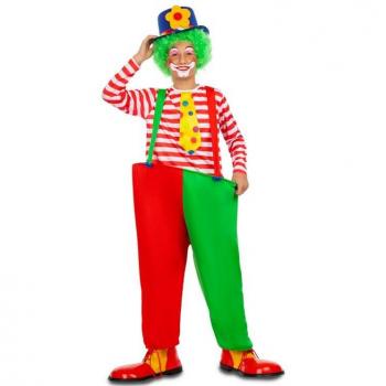 Costume de clown enfant, rouge et vert : T‑shirt, pantalon à bretelles + anneau