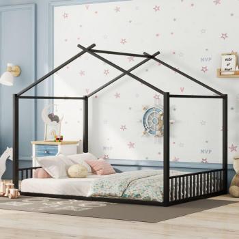 Lit plat 140 × 200 cm, lit à cadre en fer, lit enfant, bar maison, noir