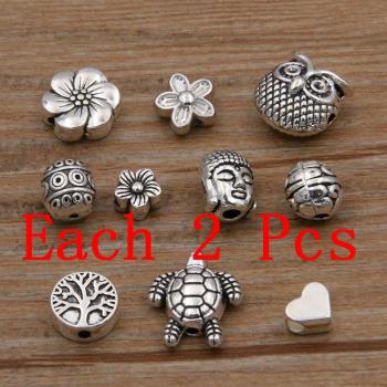 10 pcs Owl, Tortoise, Buddha, Lord Bead Set – Small Hole Animal Flower Charms for DIY Jewelry Making