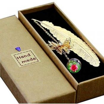 Toirxarn Metal Feather Bookmark with Dry Flower Pendant