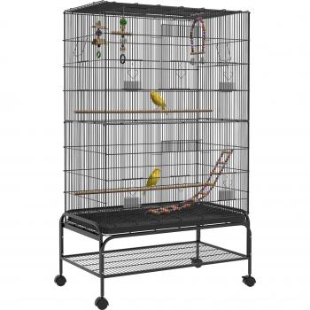 PawHut Caged Bird Habitat – Jaula Negra con Juguetes y Comederos