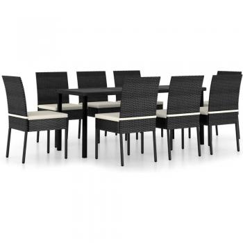 Conjunto de Muebles de Exterior en Resina Negra con Detalle de Mimbre, 9 Unidades