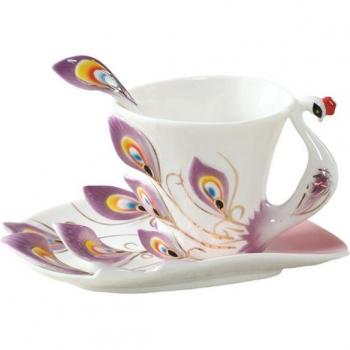 Tasse en porcelaine Paon 3D avec soucoupe et cuillère