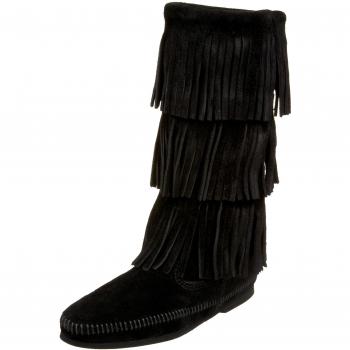 Women’s Minnetonka Fringe Boots – Calf‑Hi, Black, 7 M (3 Layers)