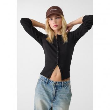 Stradivarius Black Long Sleeve T-Shirt Size S with Buttons