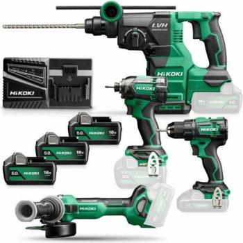 HiKOKI 18V Li-ion 4-in-1 combiset avec perceuse-visseuse, visseuse à choc, meuleuse d'angle et perforateur, incluant 3 batteries de 5.0Ah